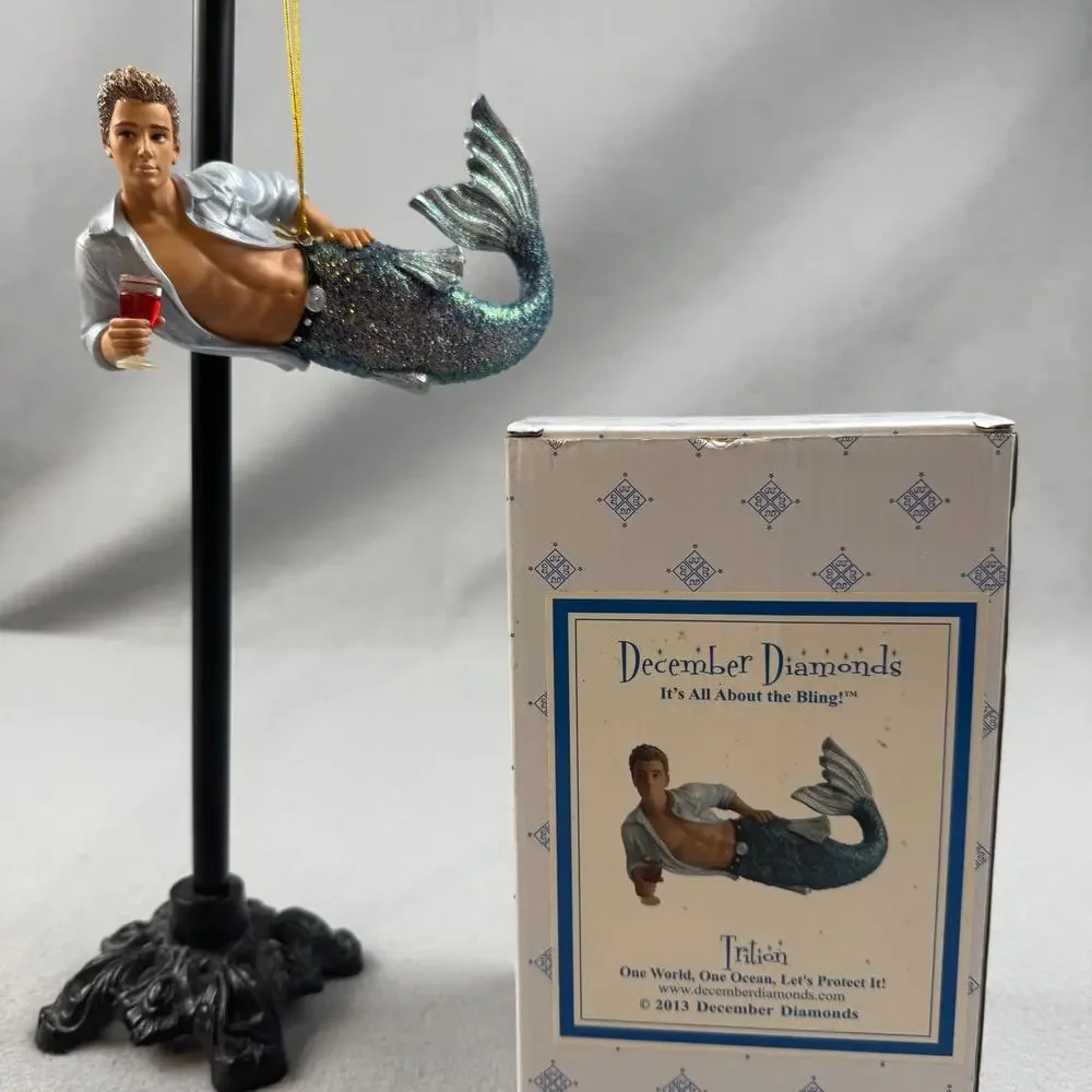 December Diamonds Triton Merman Ornament w Box Blue Silver Glitter Tail 55-90791